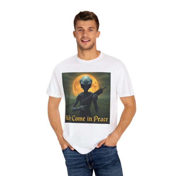 Alien-themed Unisex T-Shirt, We Come in Peace Shirt, Vintage Graphic Tee, Space Lover Gift, Sci-Fi Fashion - Image 4